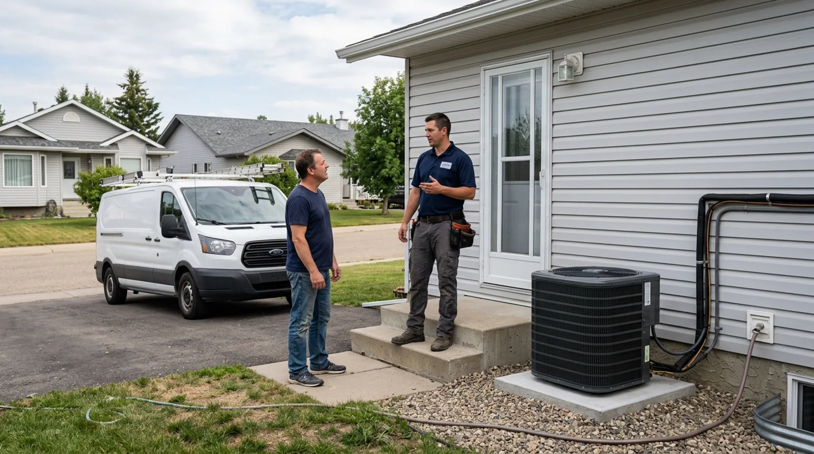 HVAC technician and homeowner talking on front step after AC installation in Spruce Grove, new unit visible