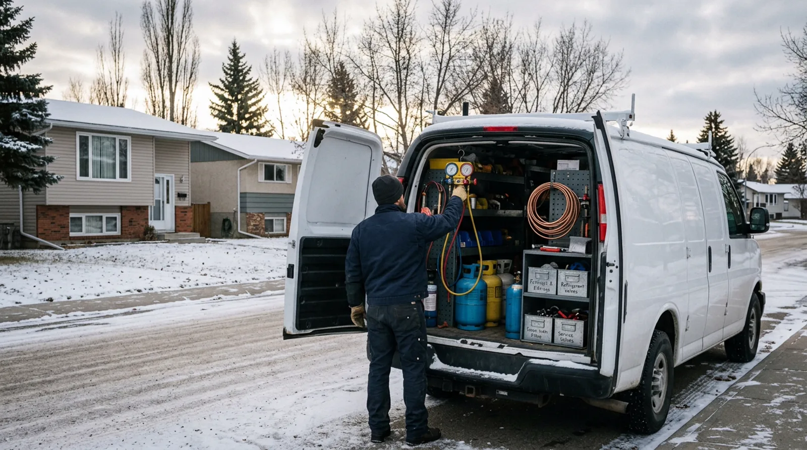 HVAC technician reaches into organized work van on a Spruce Grove street in early winter
