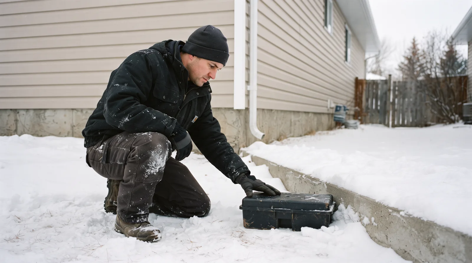 Pest control technician checking ant bait station at house foundation in winter, Spruce Grove