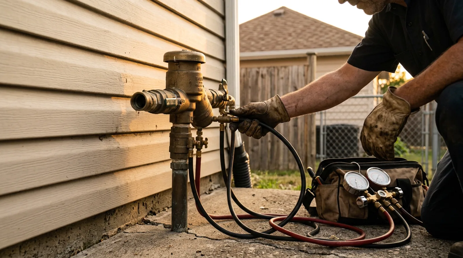 Hands testing a backflow device on a Spruce Grove home's exterior wall