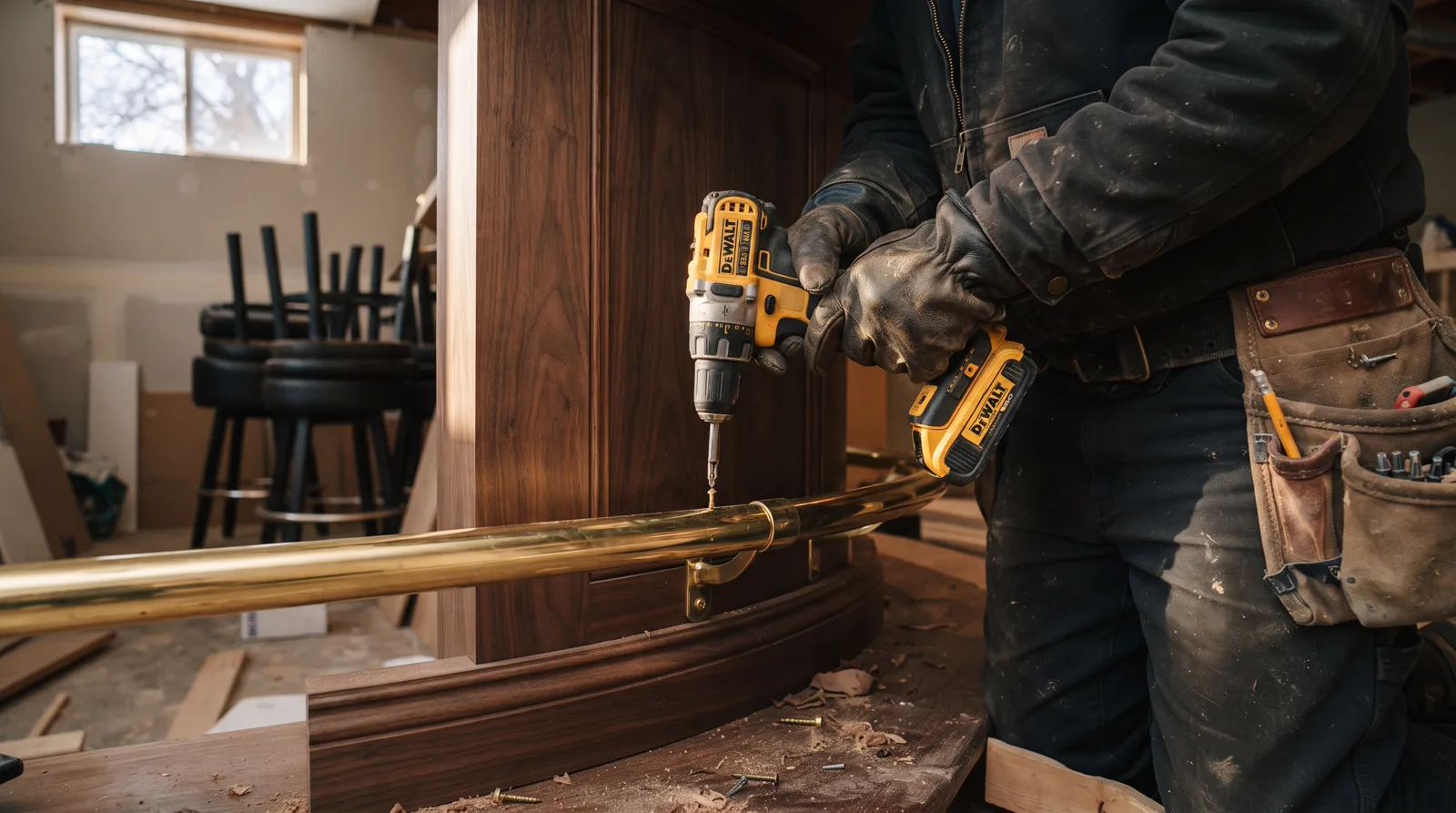 Installing brass footrail on a bar in Spruce Grove