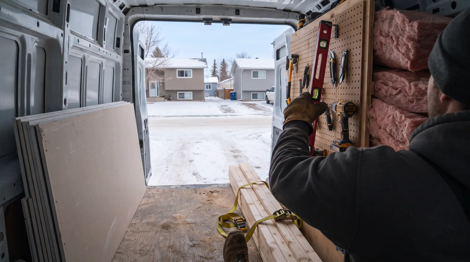 Basement development contractor reaching into organized van in Spruce Grove