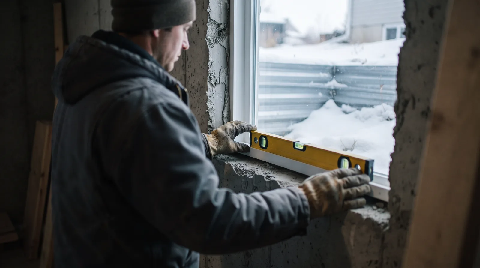 Worker installing basement egress window in Spruce Grove home during winter