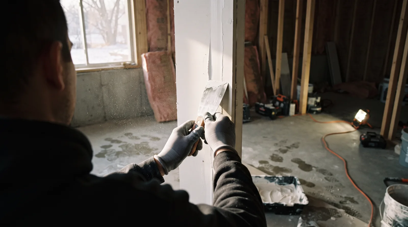 Basement finisher taping drywall seam in Spruce Grove home, winter light through window