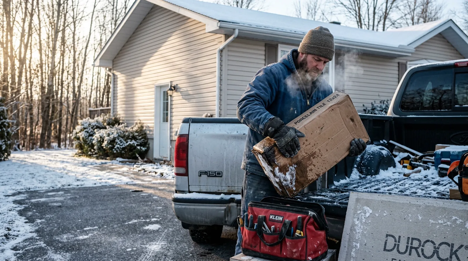 Bathroom renovator unloading tile from truck on a frosty Spruce Grove morning