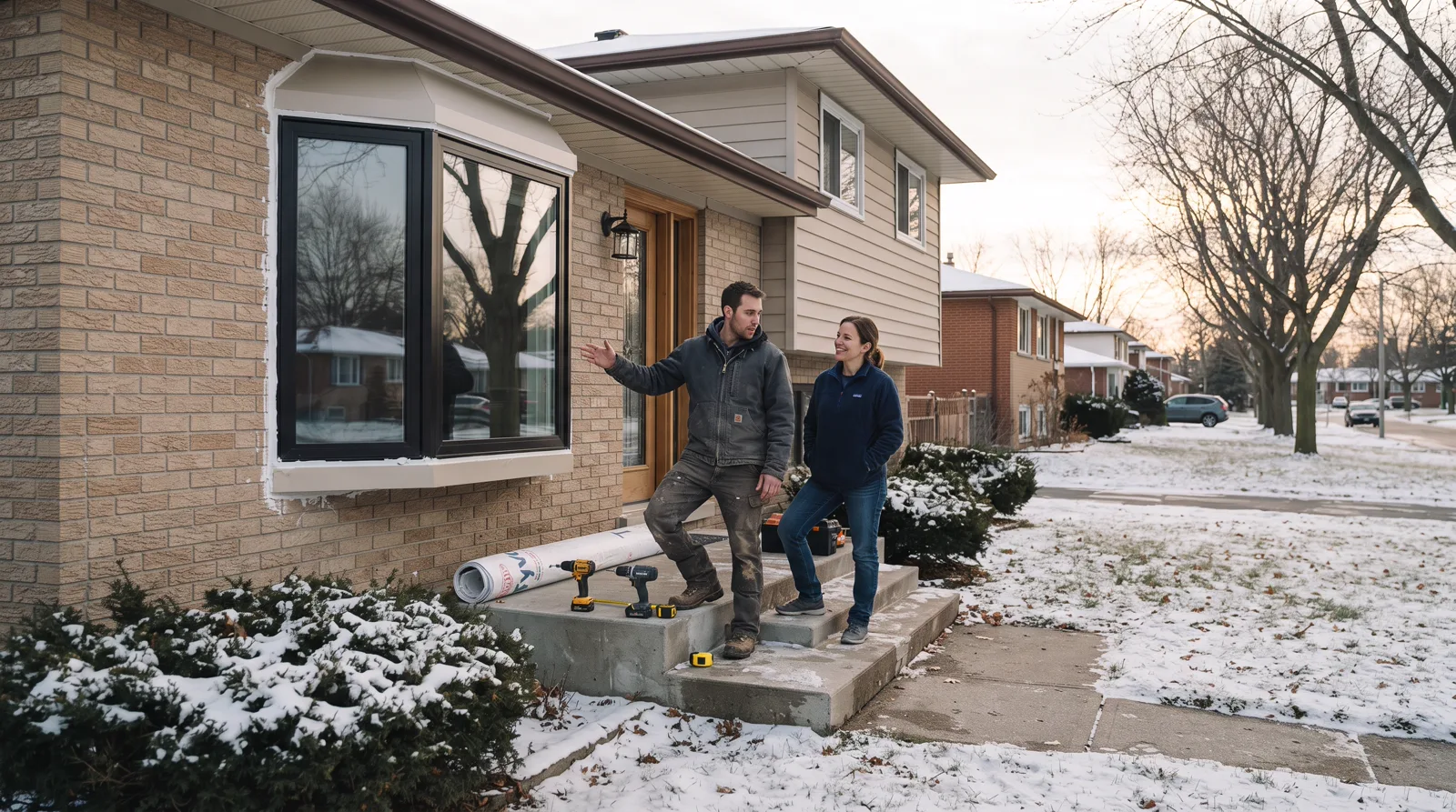 Bay window installer talking with homeowner on front step in Spruce Grove on a snowy afternoon.