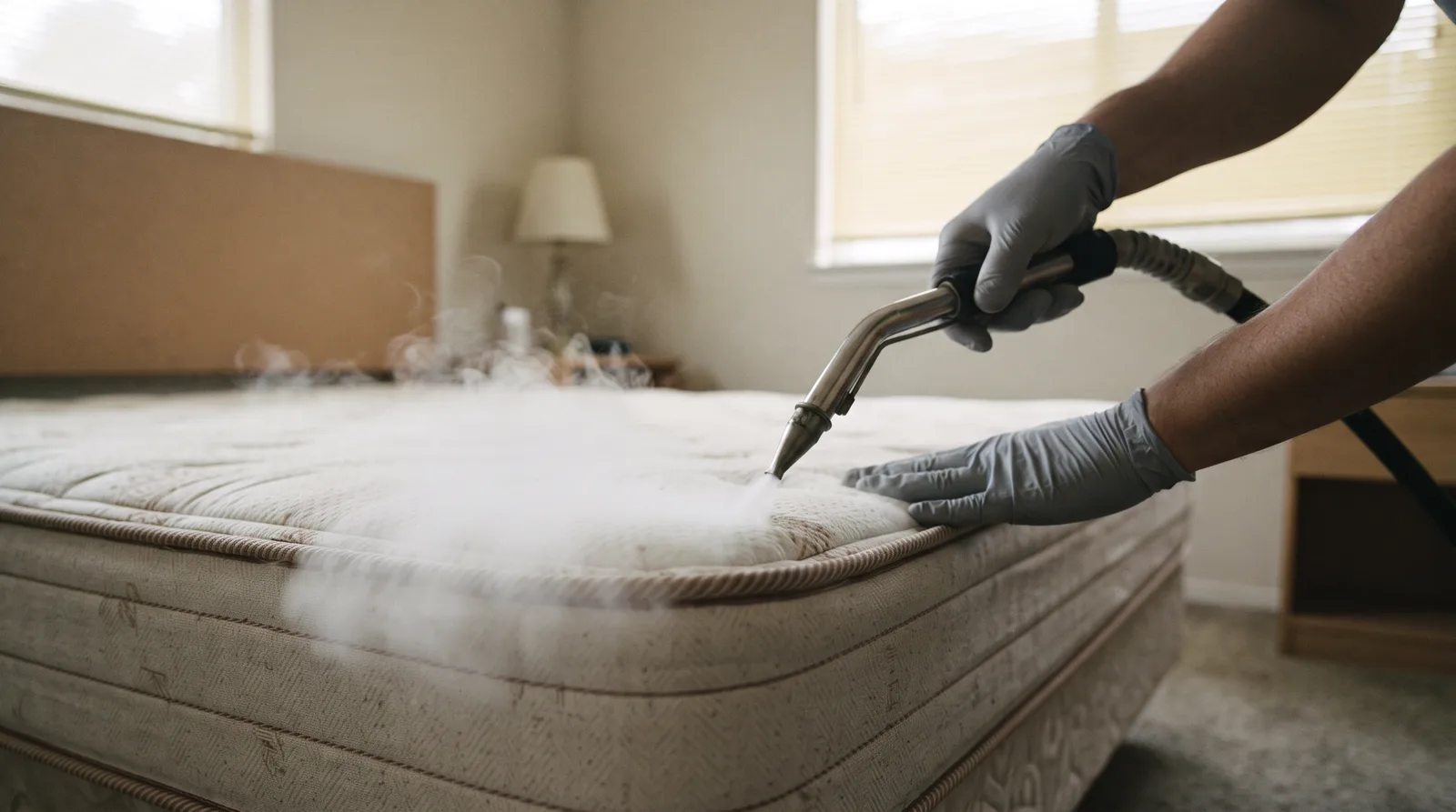 Pest control technician steaming a mattress seam during bed bug treatment in a Spruce Grove home.