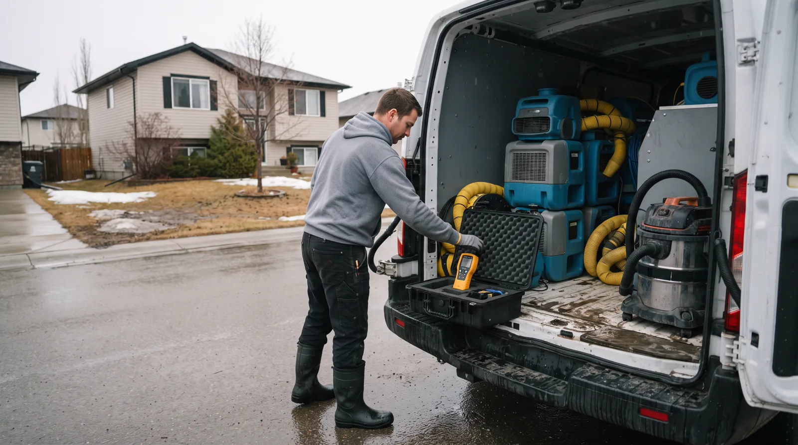Water damage technician reaching into work van on a Spruce Grove residential street