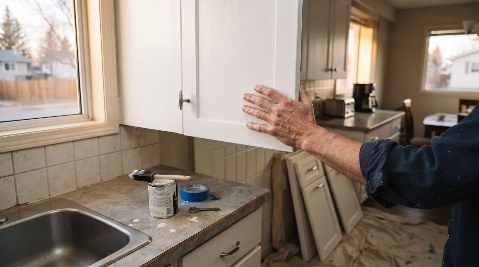 Cabinet painter inspecting freshly painted white kitchen cabinets in Spruce Grove home.