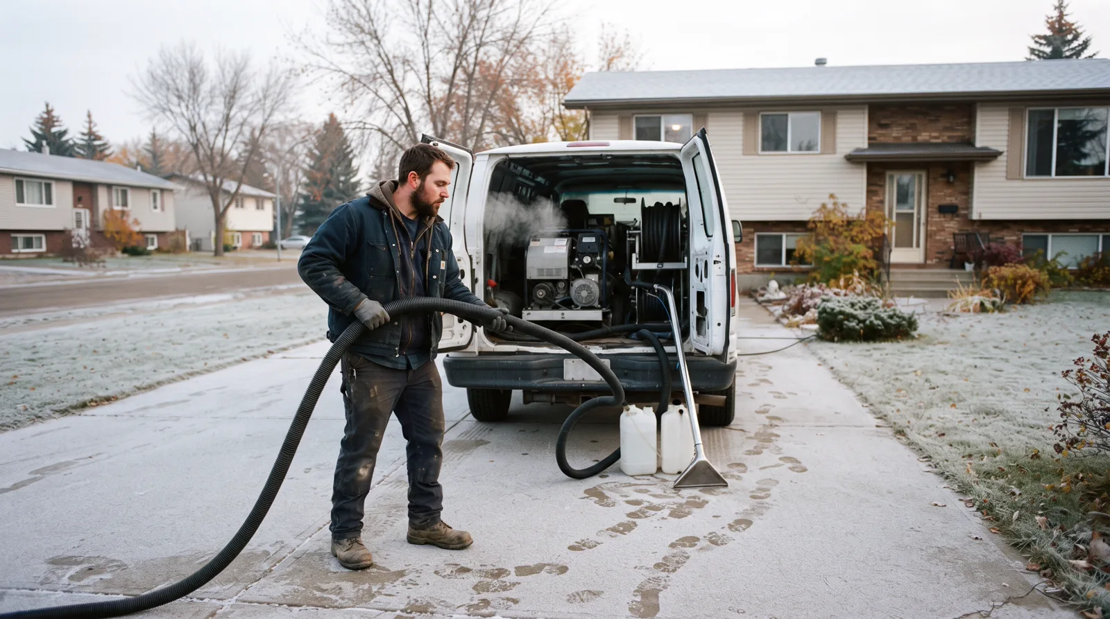 Carpet cleaning technician unloading equipment from van on a cold Spruce Grove morning