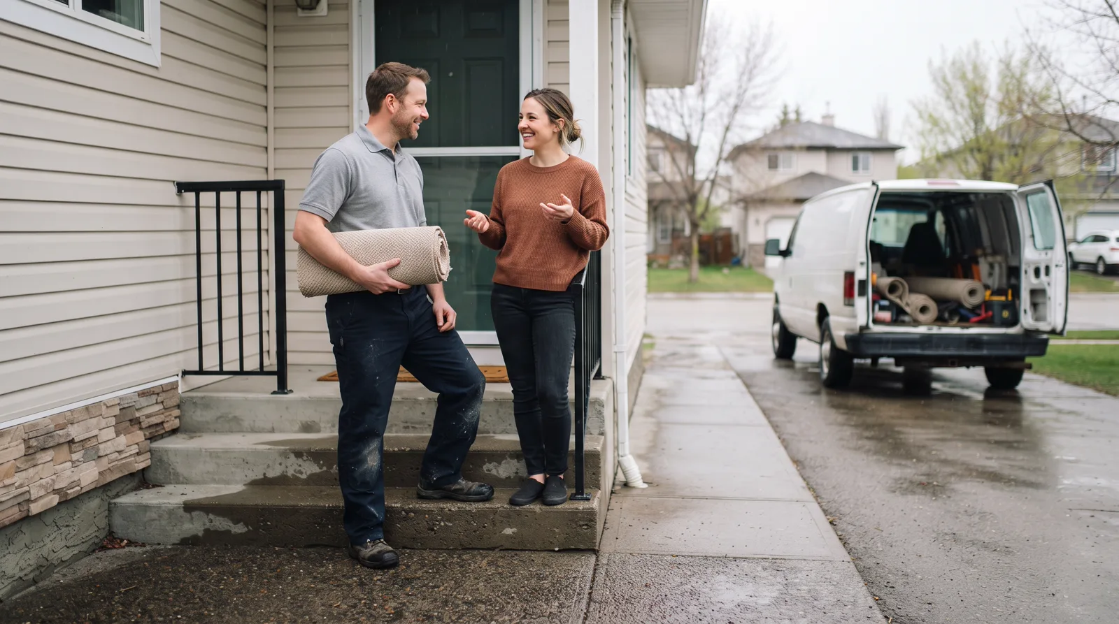 Carpet installer and homeowner talking on front steps in Spruce Grove, spring afternoon