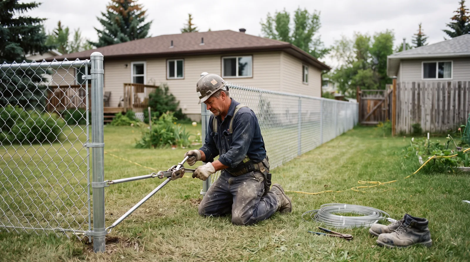 Installer stretching chain link fence fabric in a Spruce Grove residential yard