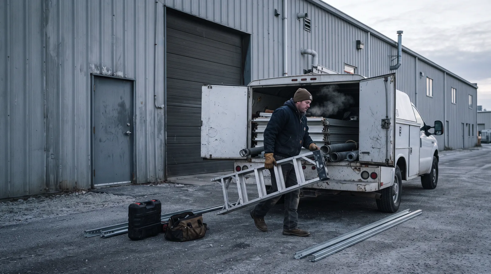 Garage door installer unloading equipment from truck at cold warehouse site in Spruce Grove