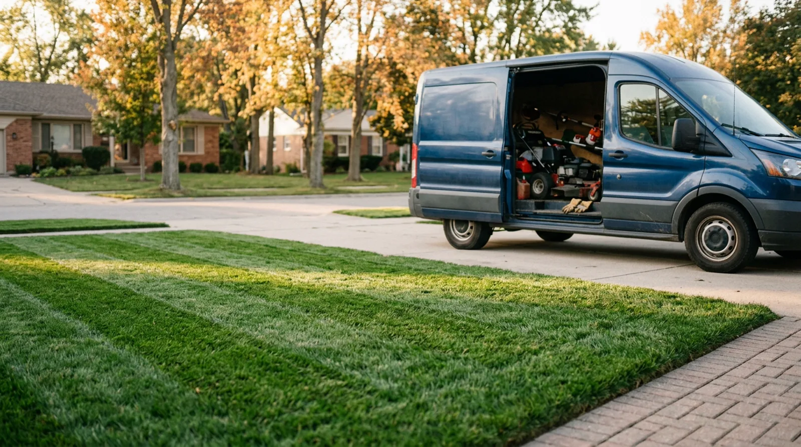 A mowed residential lawn with neat stripes and a blue lawn care van in Parkland County.