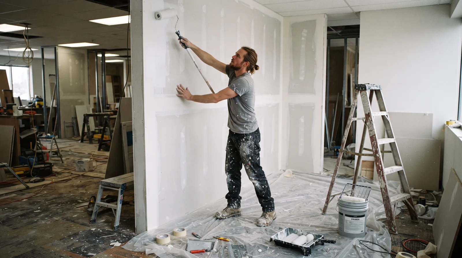 Painter rolling white paint on office wall in Spruce Grove during commercial renovation project.
