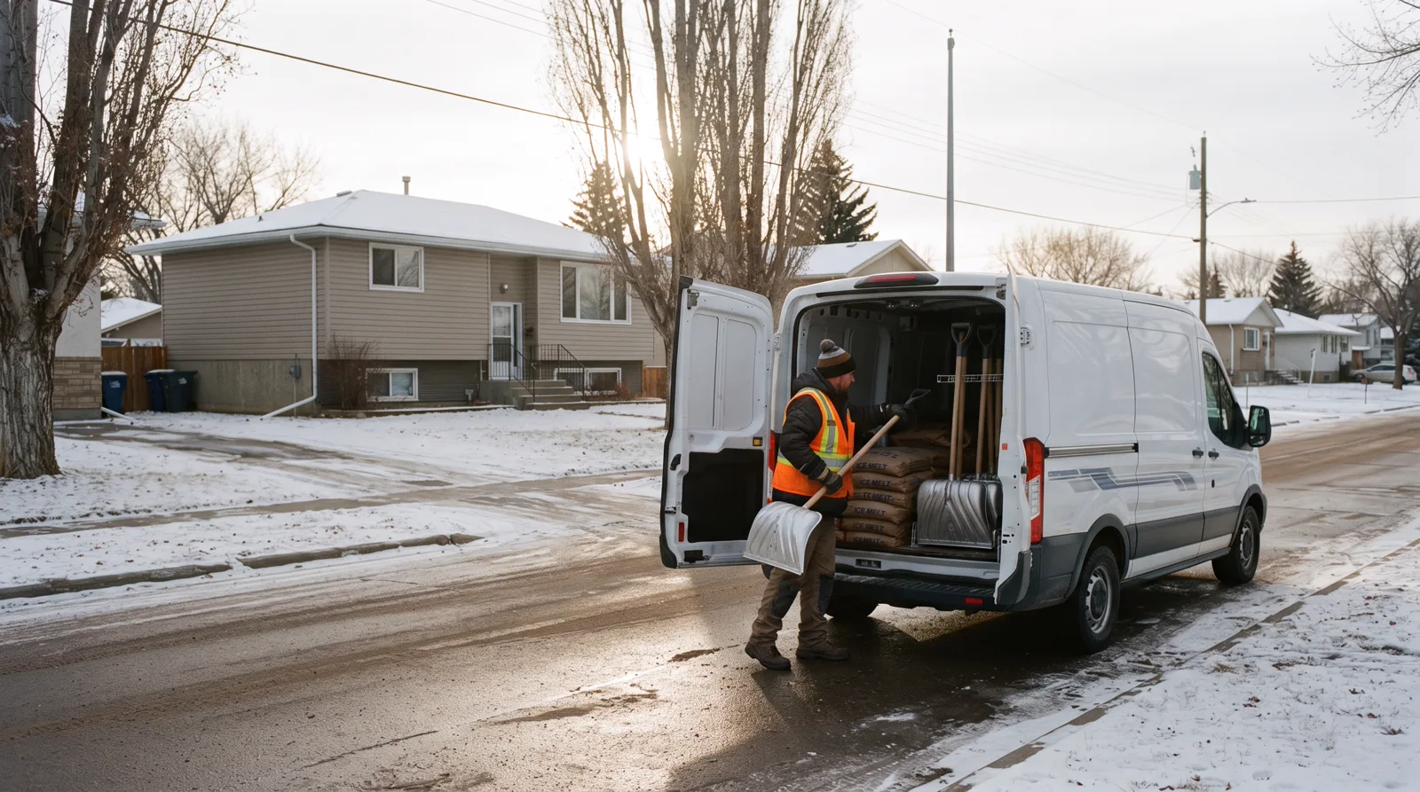Worker retrieves equipment from snow removal van on quiet residential street in Spruce Grove