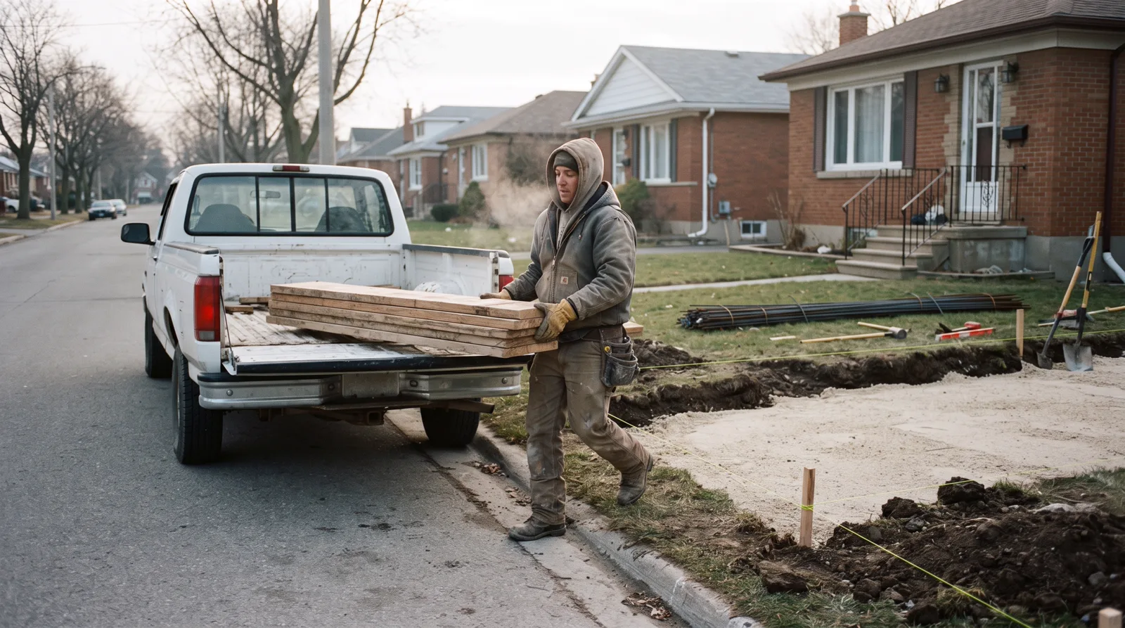 Worker unloading wooden forms for a concrete driveway job in Spruce Grove on a cold morning.
