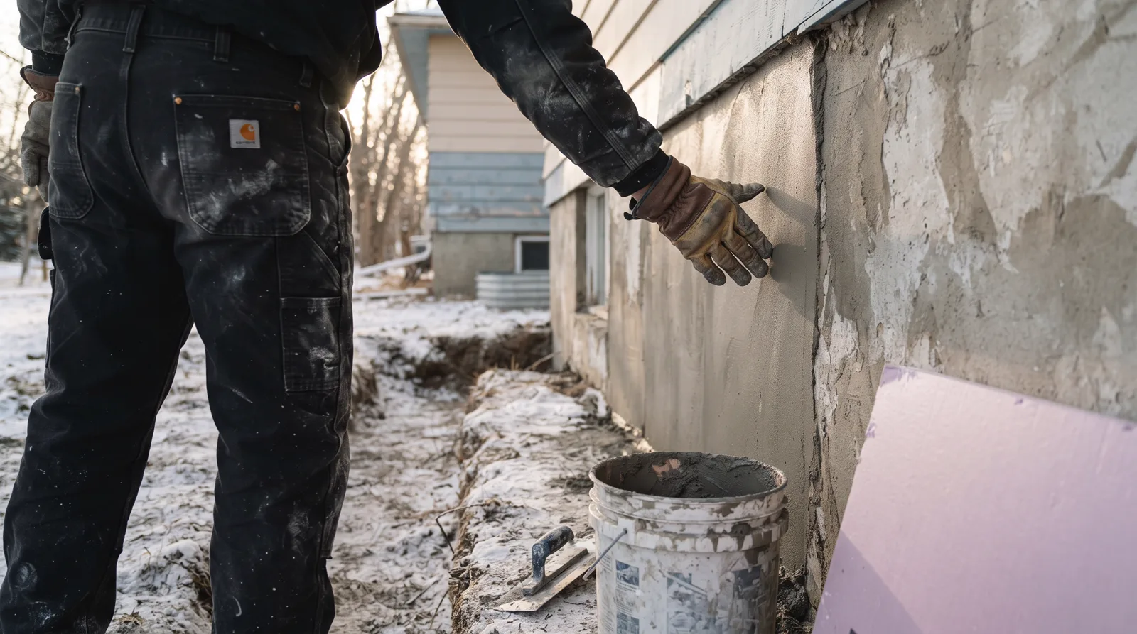 Foundation repair worker inspecting freshly sealed concrete wall on a Spruce Grove home in early winter