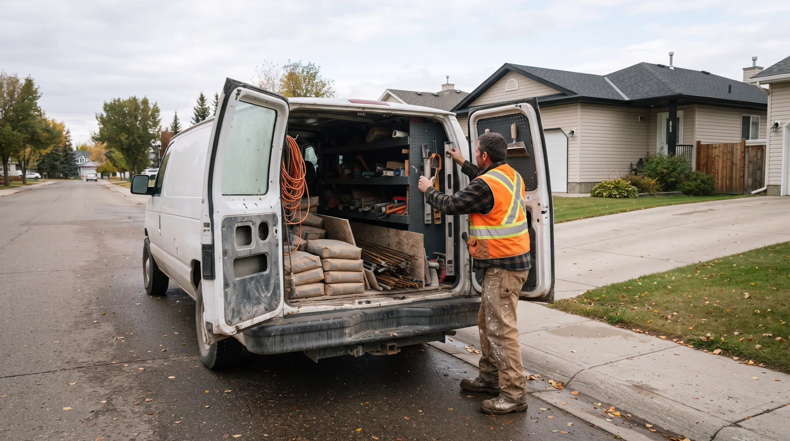 Concrete contractor reaching into organized work van on a Spruce Grove residential street