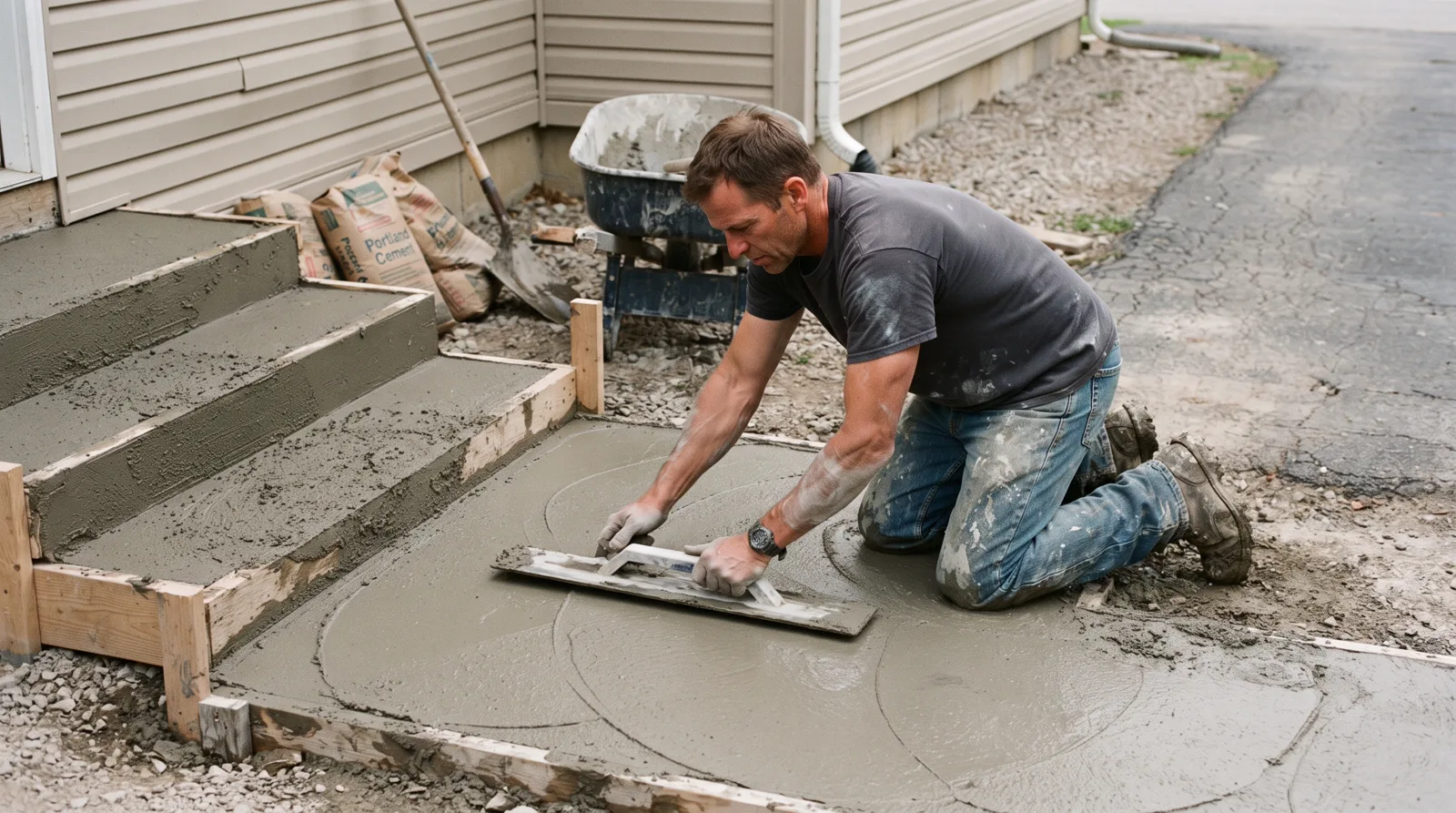 Concrete finisher smoothing fresh steps at a Spruce Grove home entrance
