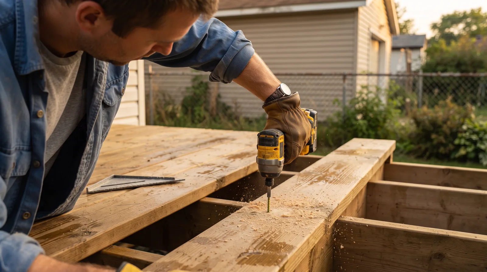 Deck builder's hands driving screws into fresh lumber on a Spruce Grove backyard deck