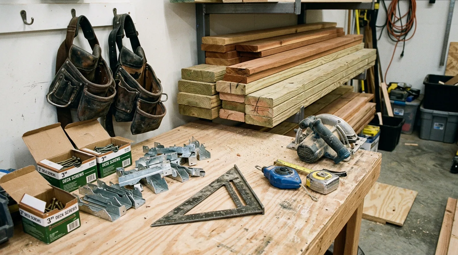 Deck builder's workbench in Spruce Grove with lumber, joist hangers, and well-used carpentry tools.