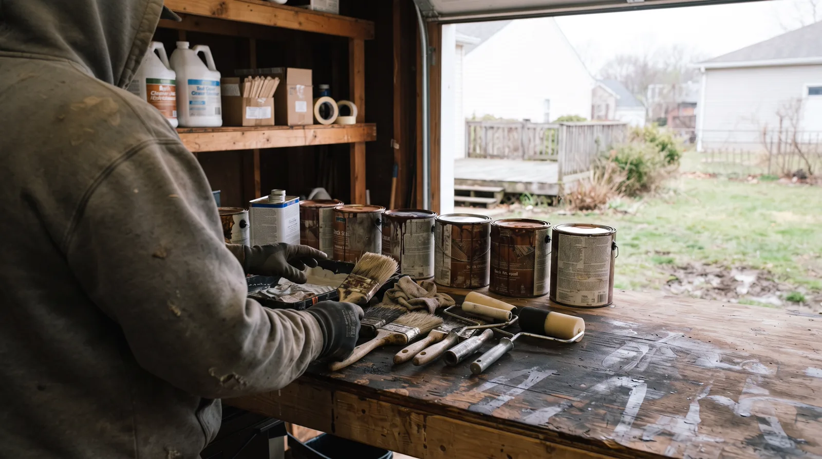 Deck stainer organizing brushes and stain cans on a workbench in a Spruce Grove garage