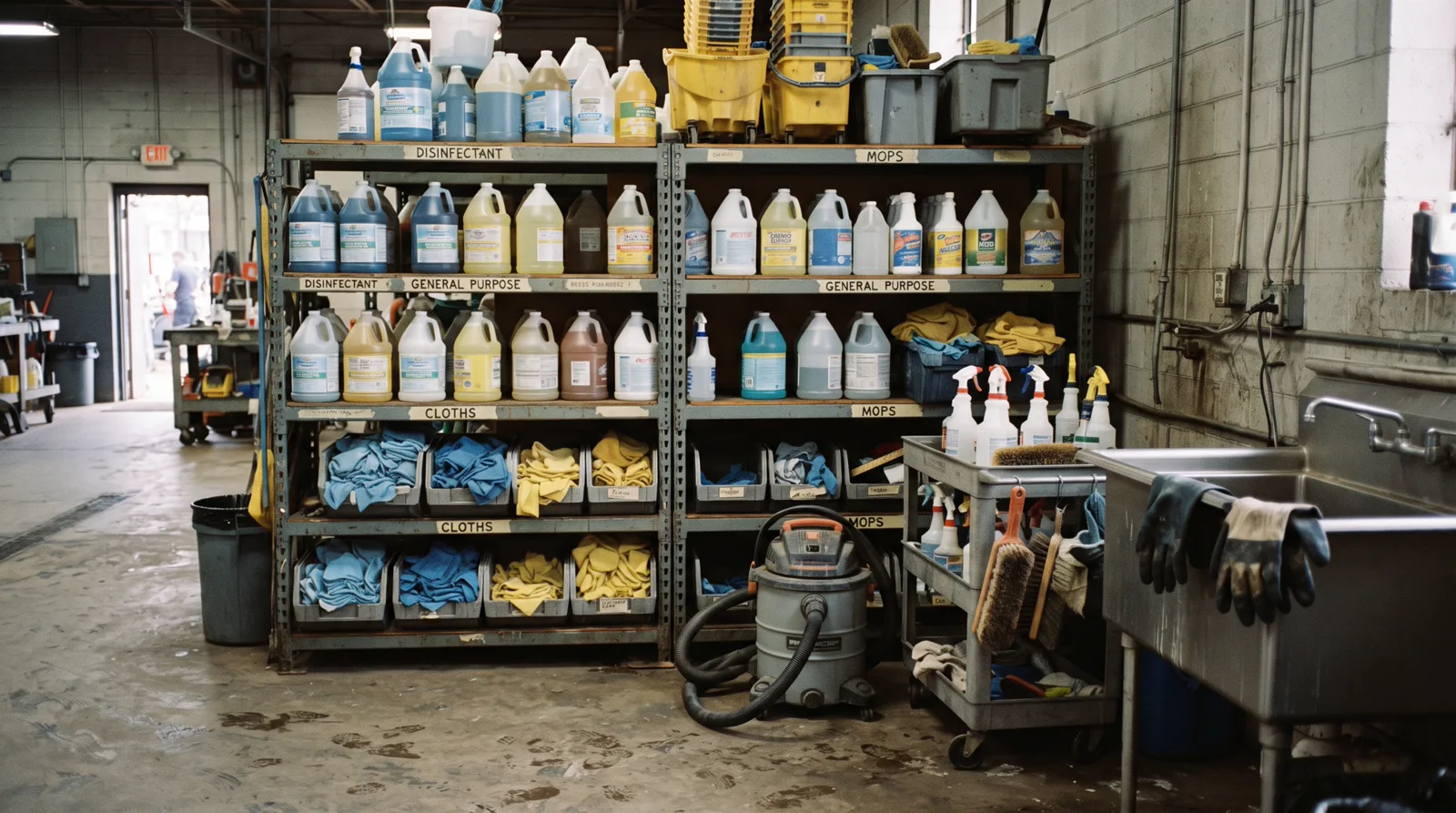 Deep cleaning supplies organized on metal shelving in a Spruce Grove workshop bay.