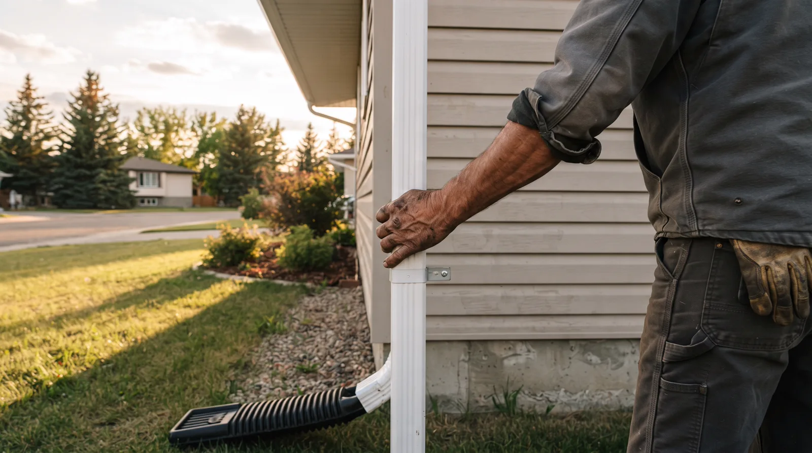 Installer's hand checking a newly mounted downspout on a Spruce Grove home at day's end