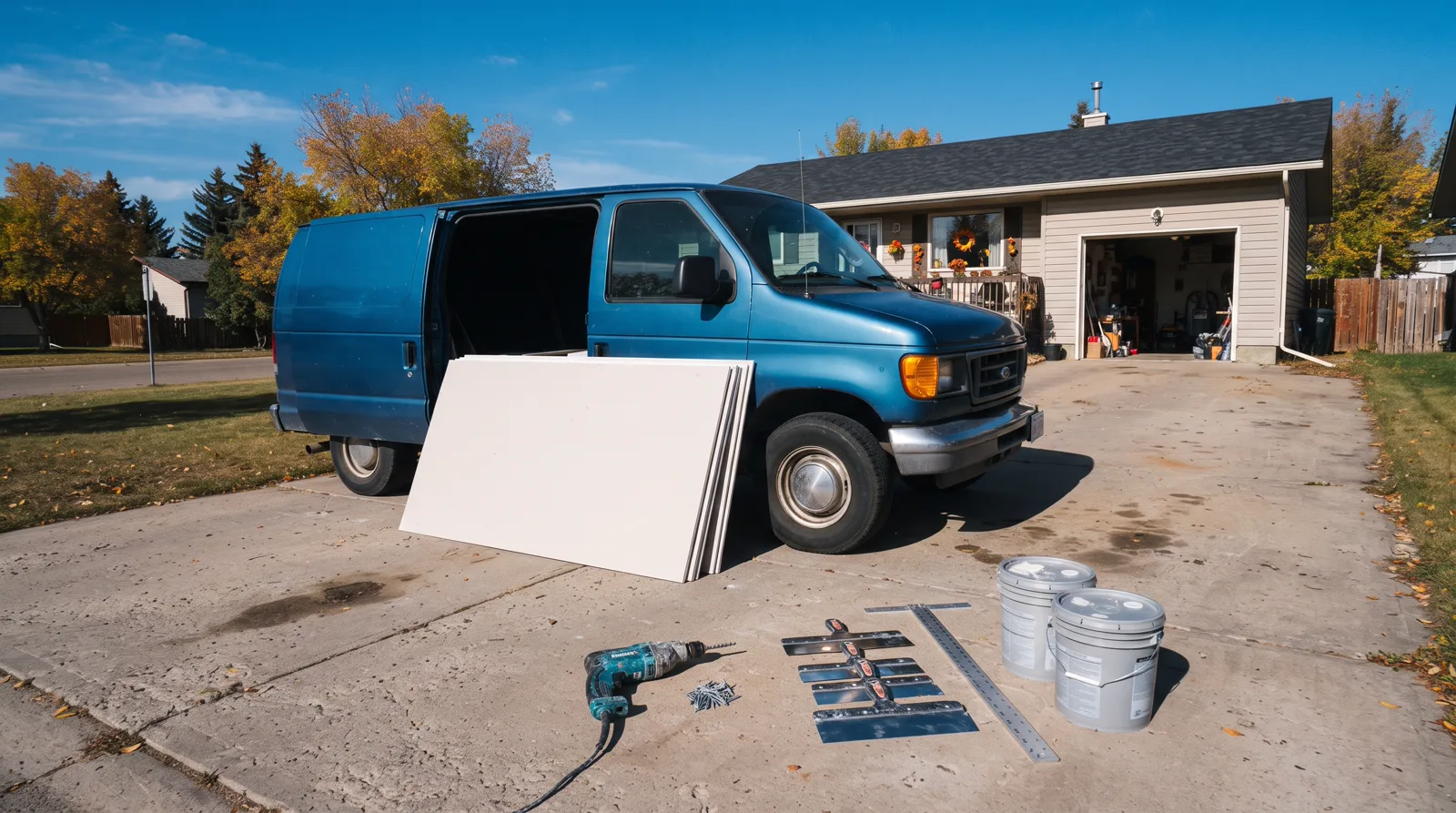 Drywall tools and materials ready outside a Spruce Grove home