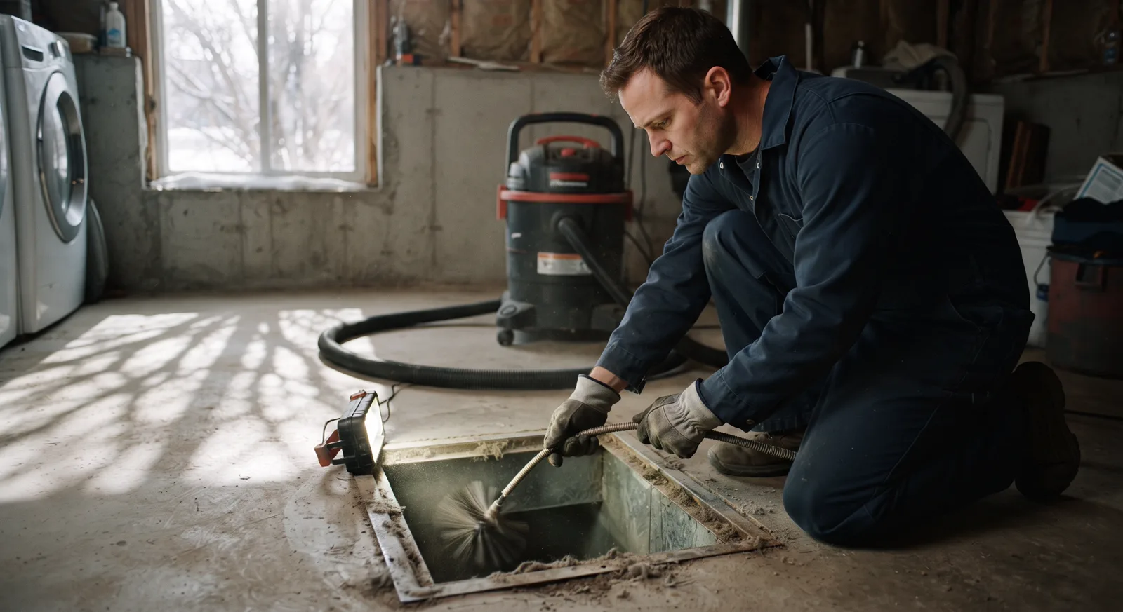 Duct cleaning technician works on floor vent in Spruce Grove basement during winter