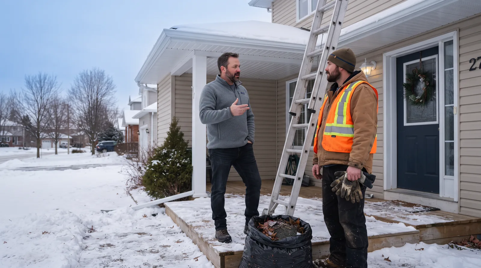 Eavestrough cleaner and homeowner talking on a front step in winter, Spruce Grove