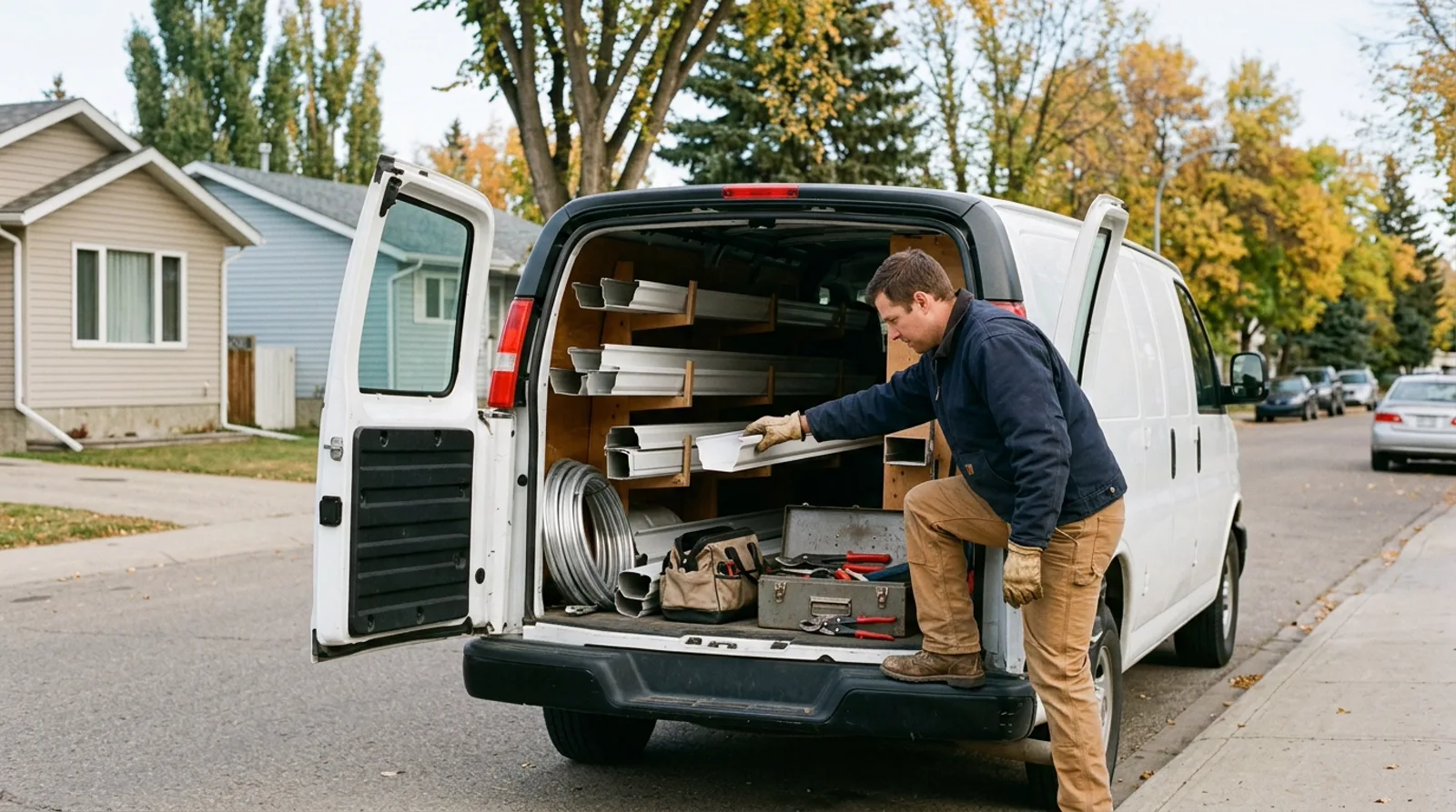 Eavestrough installer reaching into organized work van on residential street in Spruce Grove