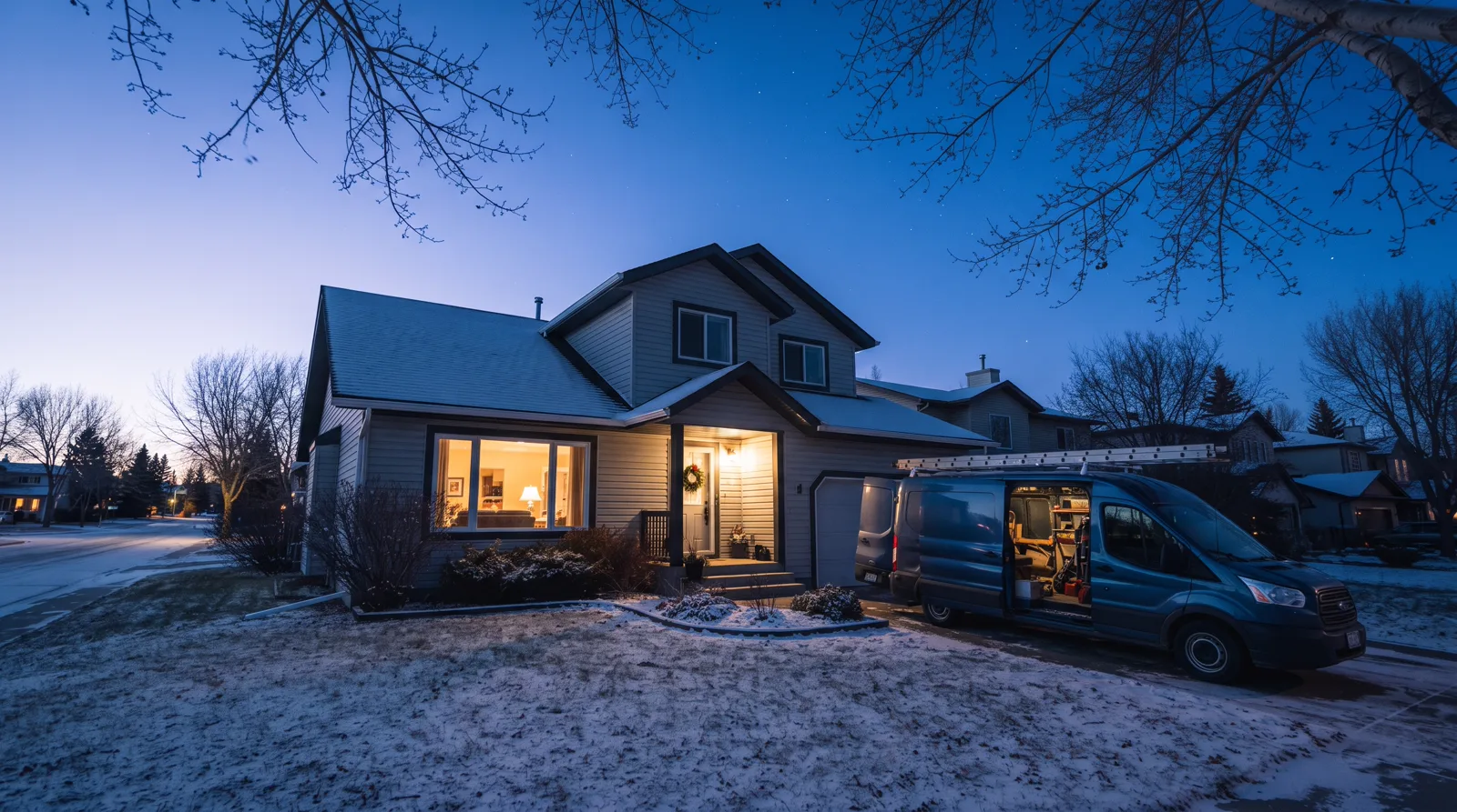 A Stony Plain home at dusk with new white eavestroughs, blue work van in driveway, thin snow on ground.