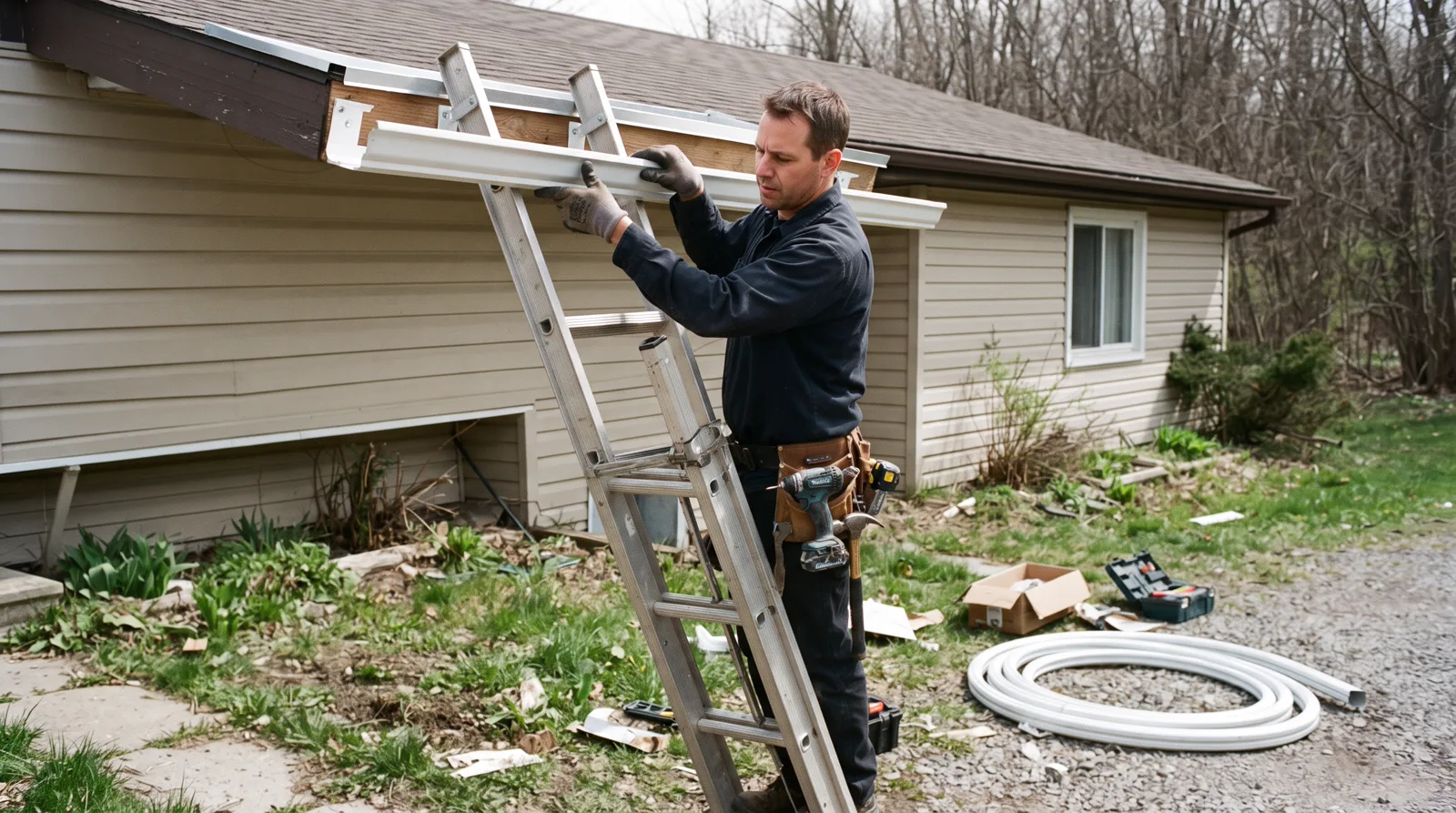 Worker installing eavestrough on a Spruce Grove home from a ladder in spring