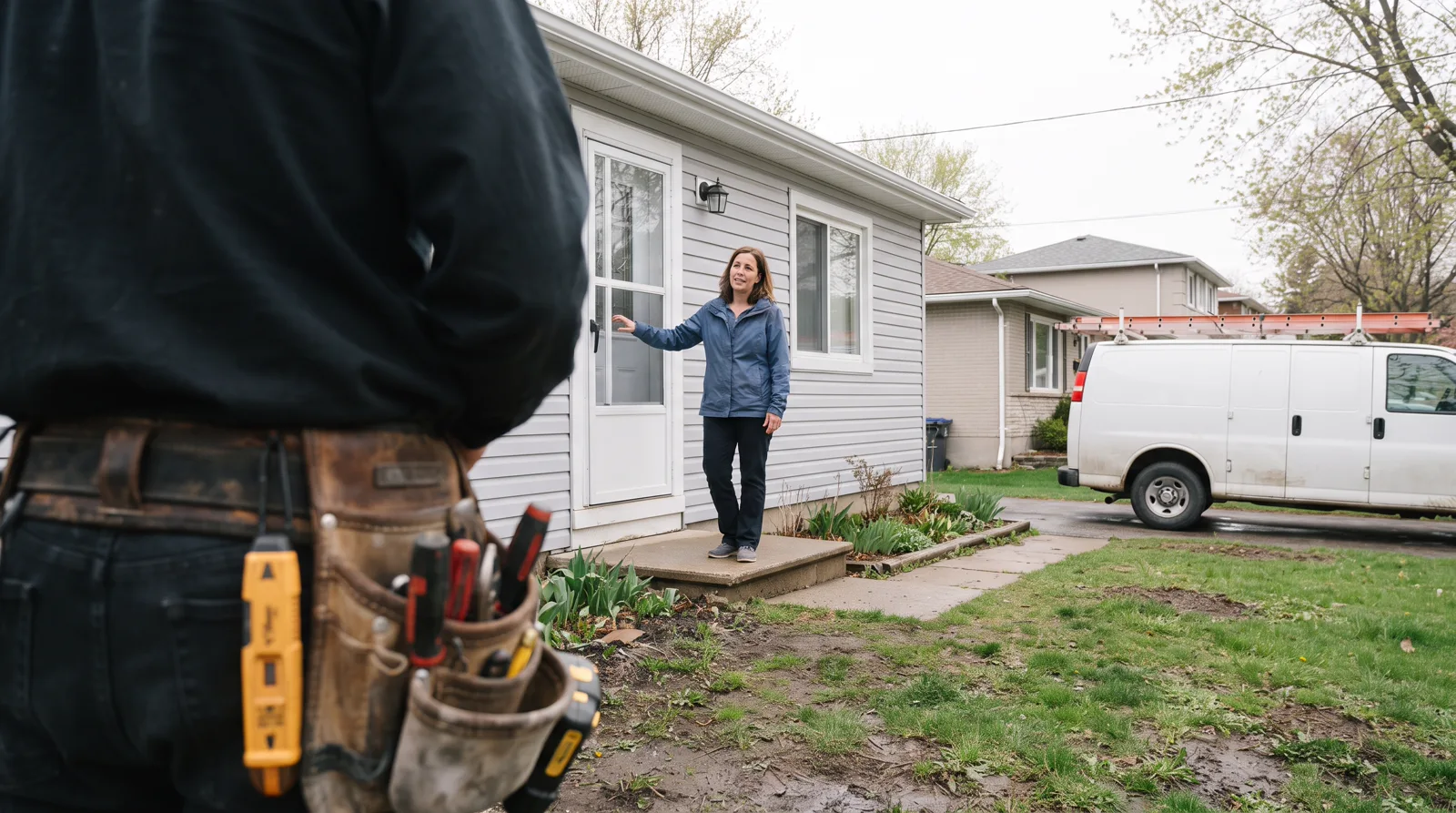 Electrician and homeowner talking on a front step in Spruce Grove after a panel upgrade