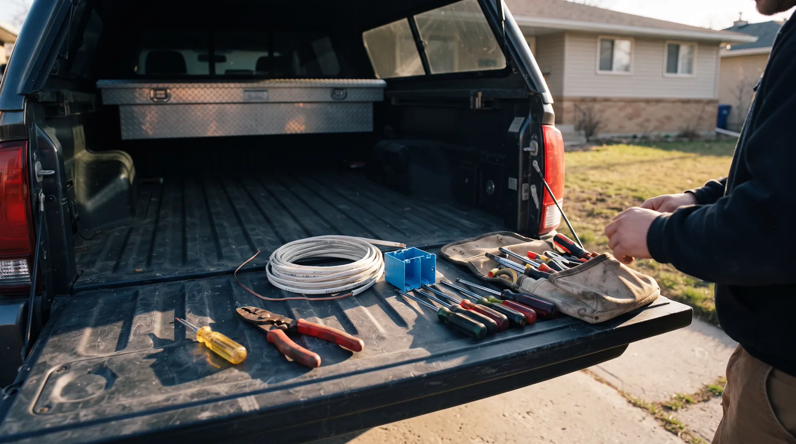 Electrical tools and wire on truck tailgate in Anne County