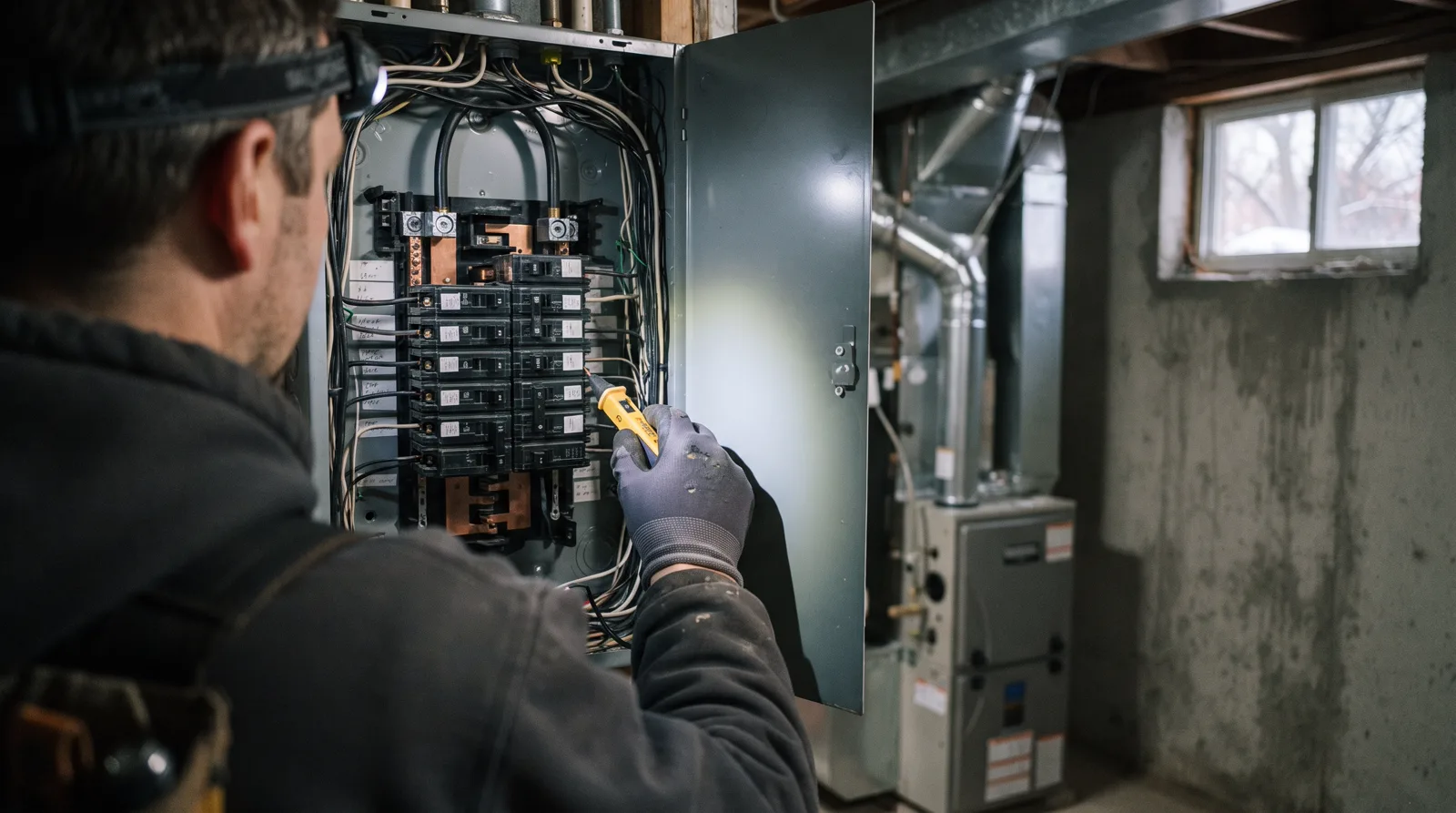 Emergency electrician testing electrical panel in Spruce Grove basement