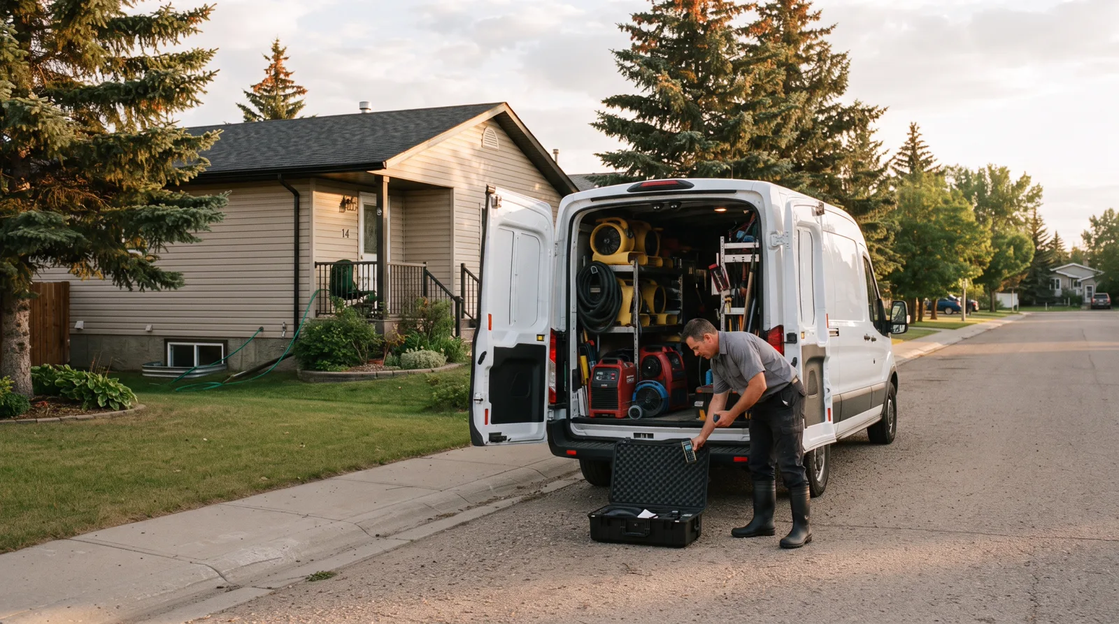 Water extraction van open on a Spruce Grove driveway, tech reaching for equipment in golden evening light