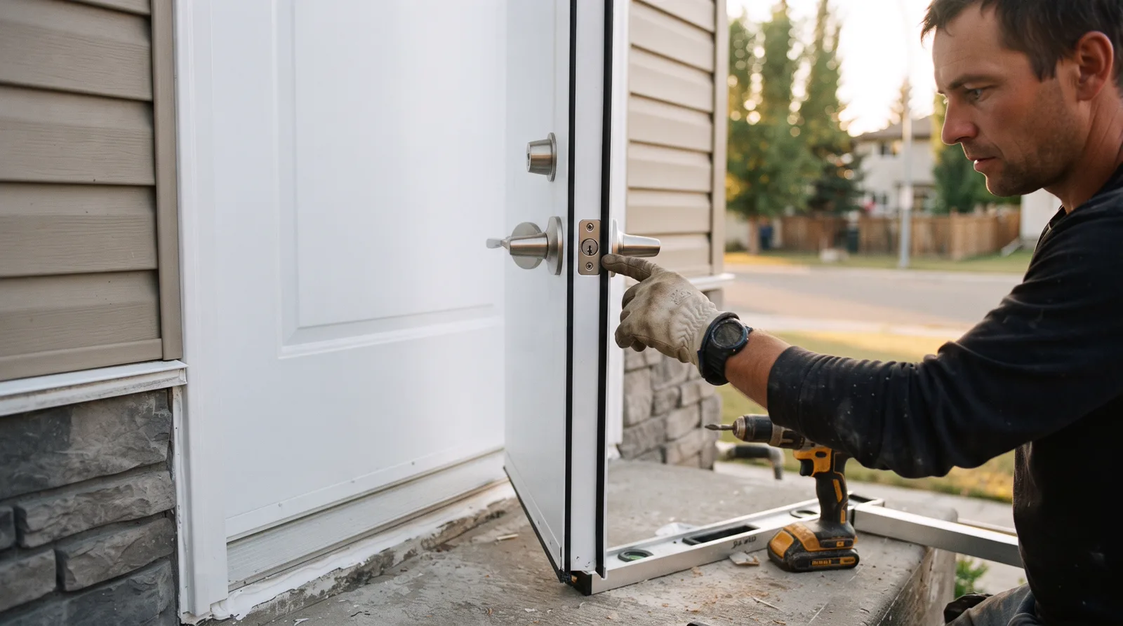 Door installer checking new steel entry door on Spruce Grove split-level home