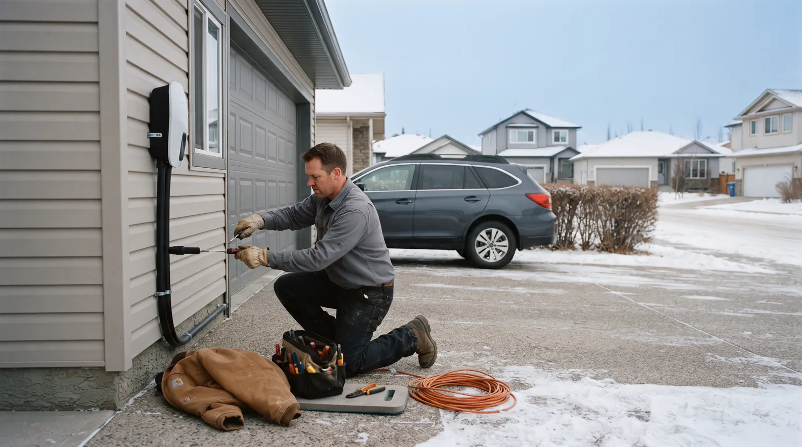 Electrician installing an EV charger on a garage wall in a Spruce Grove subdivision on a winter day.
