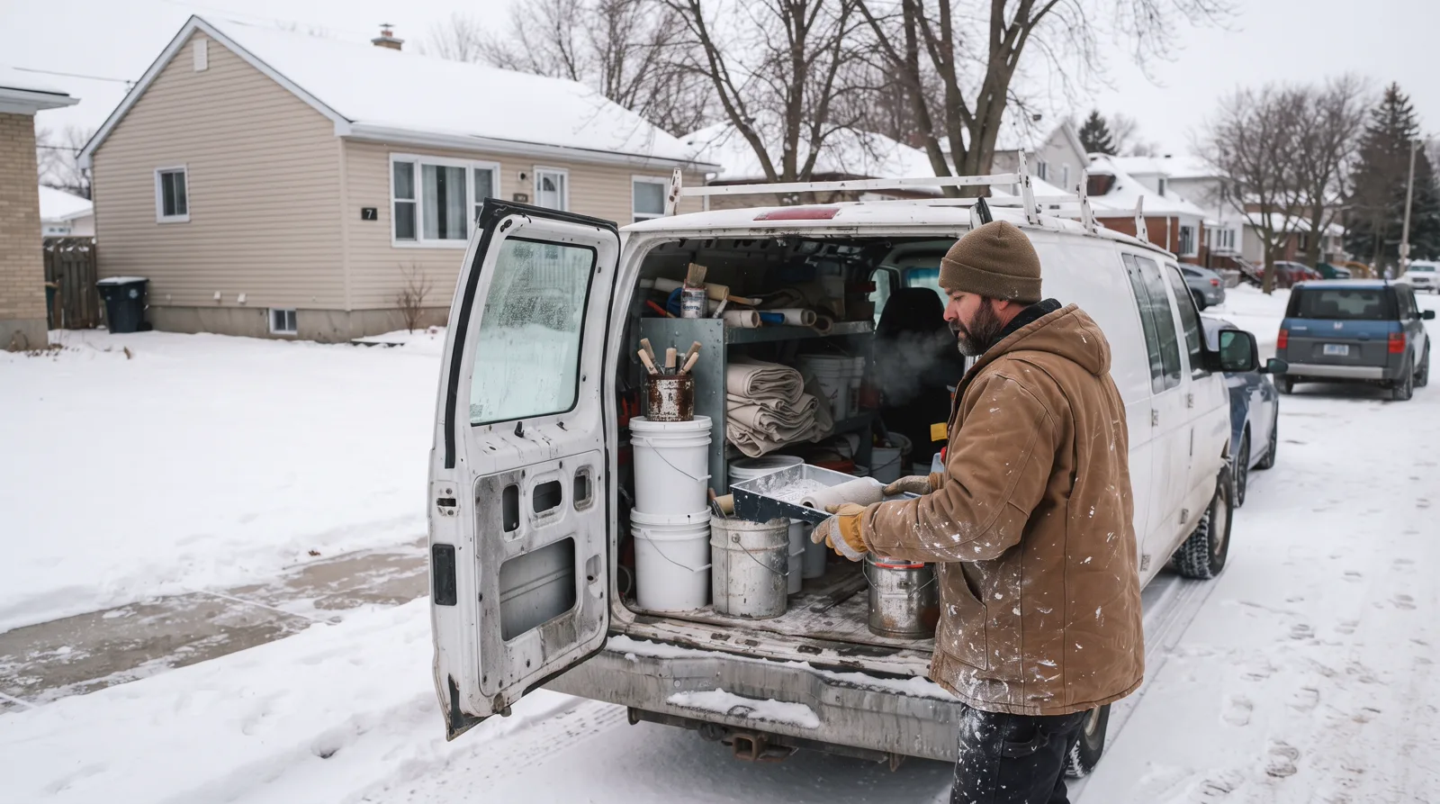 Exterior painter reaching into organized work van on a Spruce Grove residential street in winter