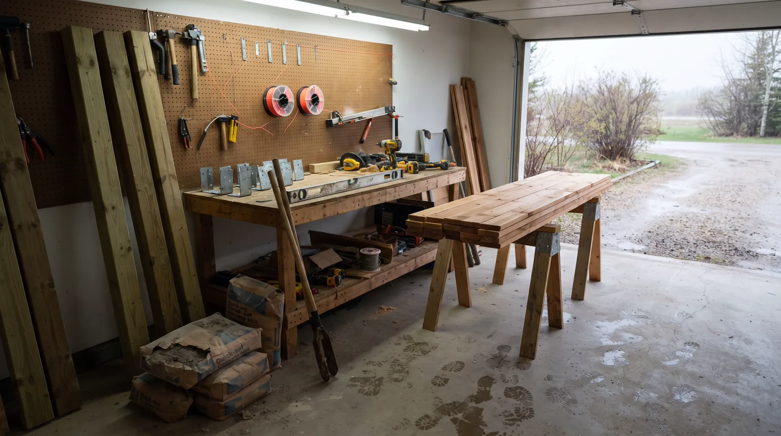 Fence repair workshop in Spruce Grove with materials and tools staged on workbench