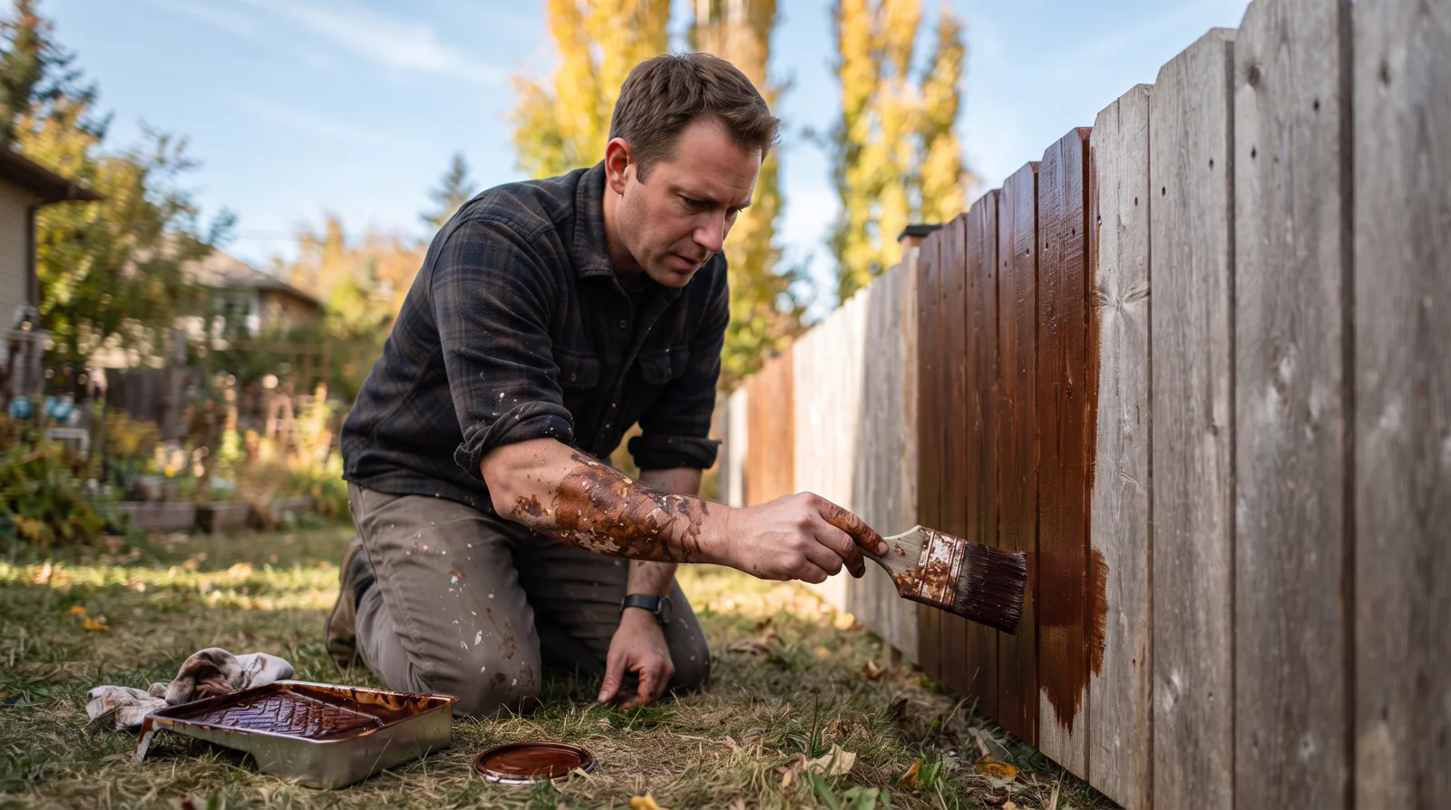 Fence stainer applying mahogany stain to cedar boards in a Spruce Grove backyard