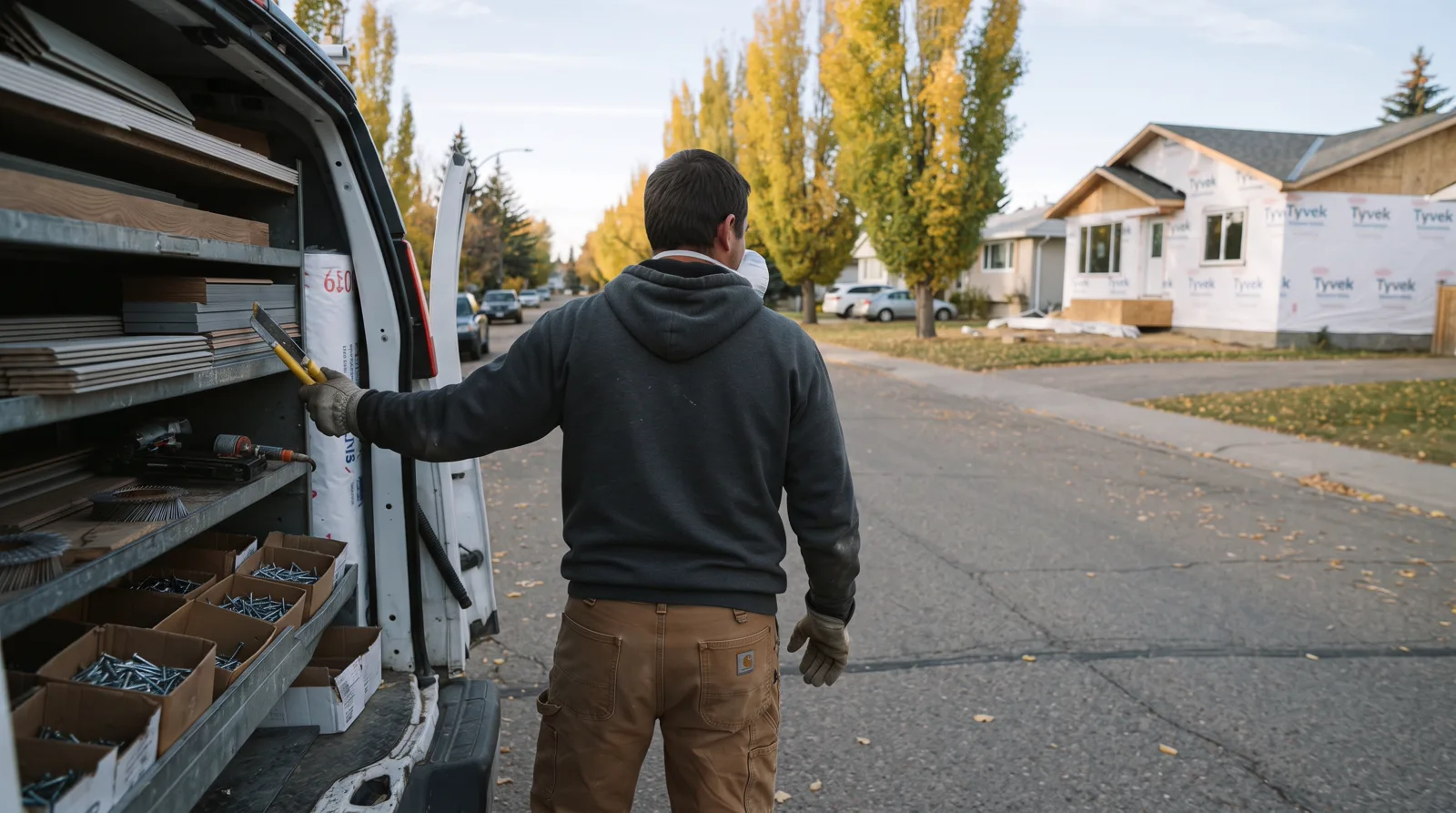 Worker reaching into organized van for fiber cement siding tools on a Spruce Grove street in autumn.