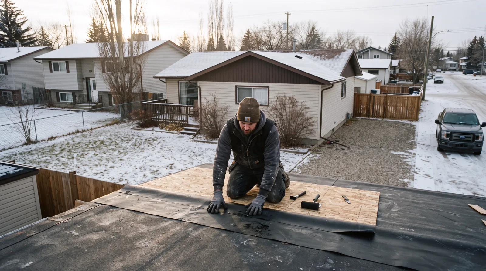 Roofer installing membrane on flat garage roof, snow-dusted Spruce Grove neighborhood behind