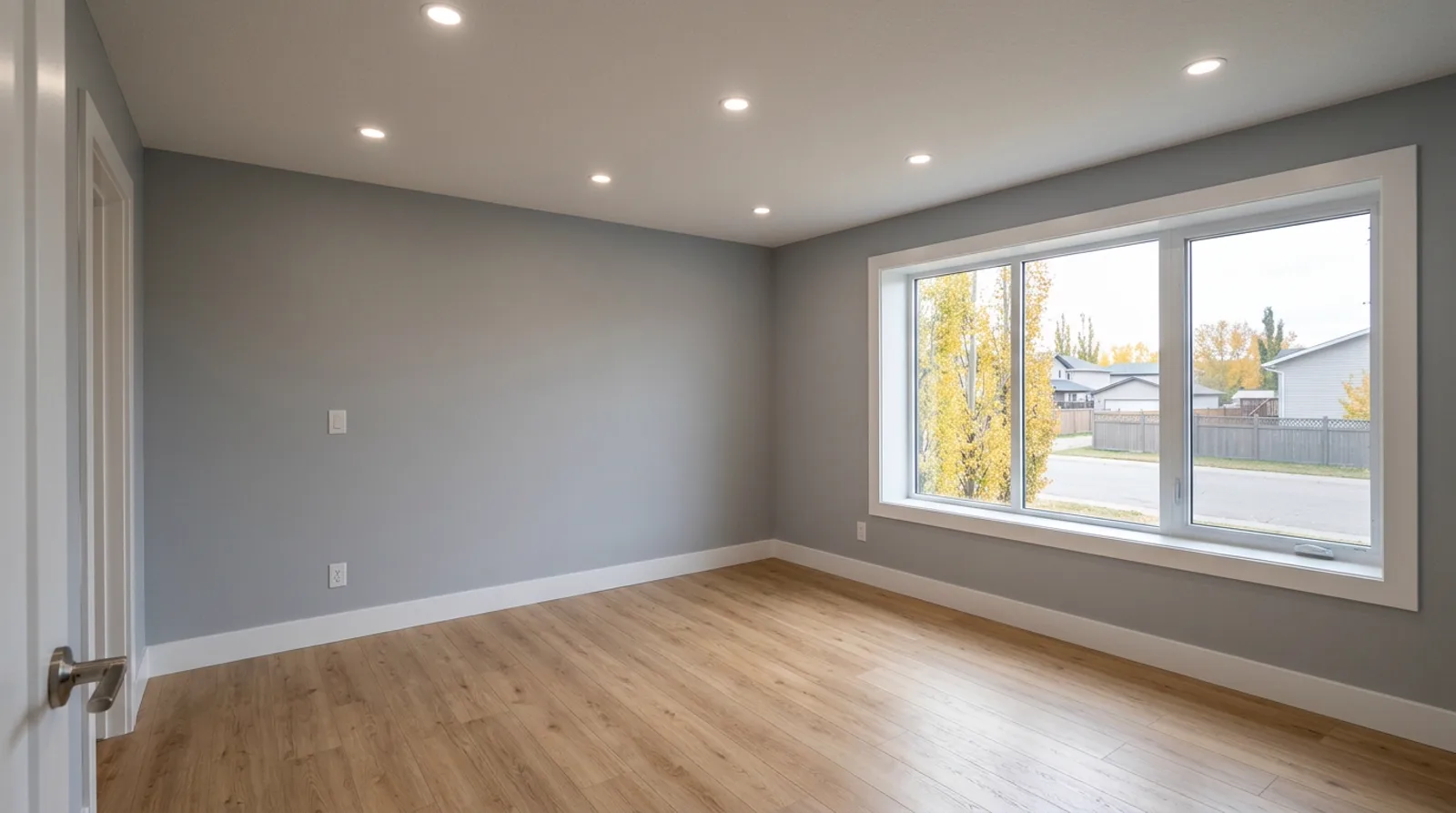 Finished basement bedroom in Strathmore with grey walls, oak laminate flooring, and window light.
