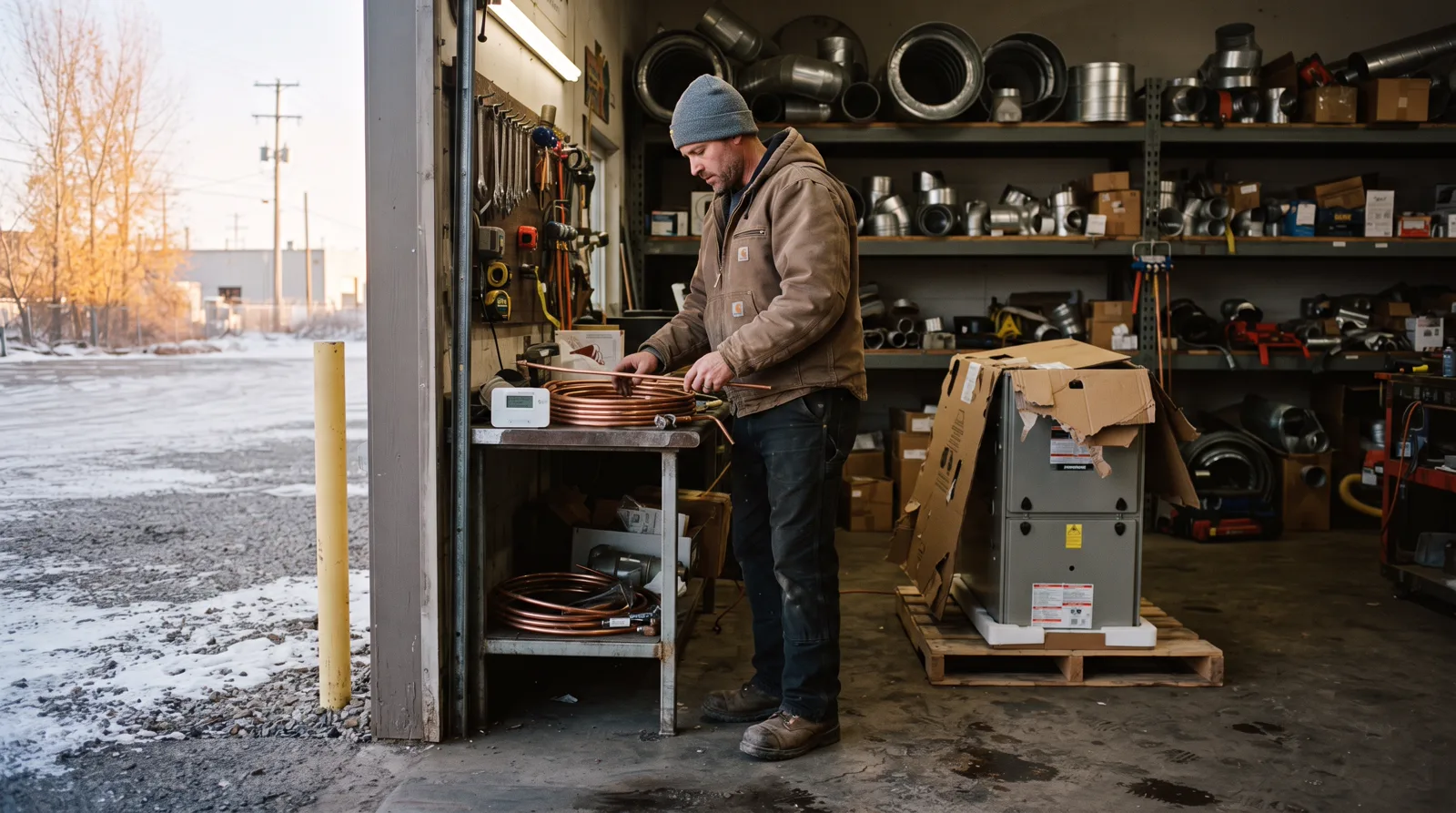 HVAC technician preparing furnace equipment in a Spruce Grove shop before installation
