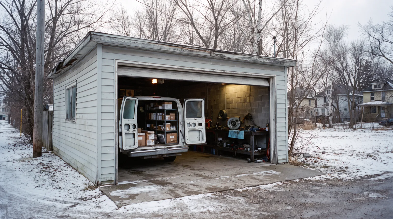 Small furnace repair shop bay with service van and parts shelving, winter morning in Spruce Grove