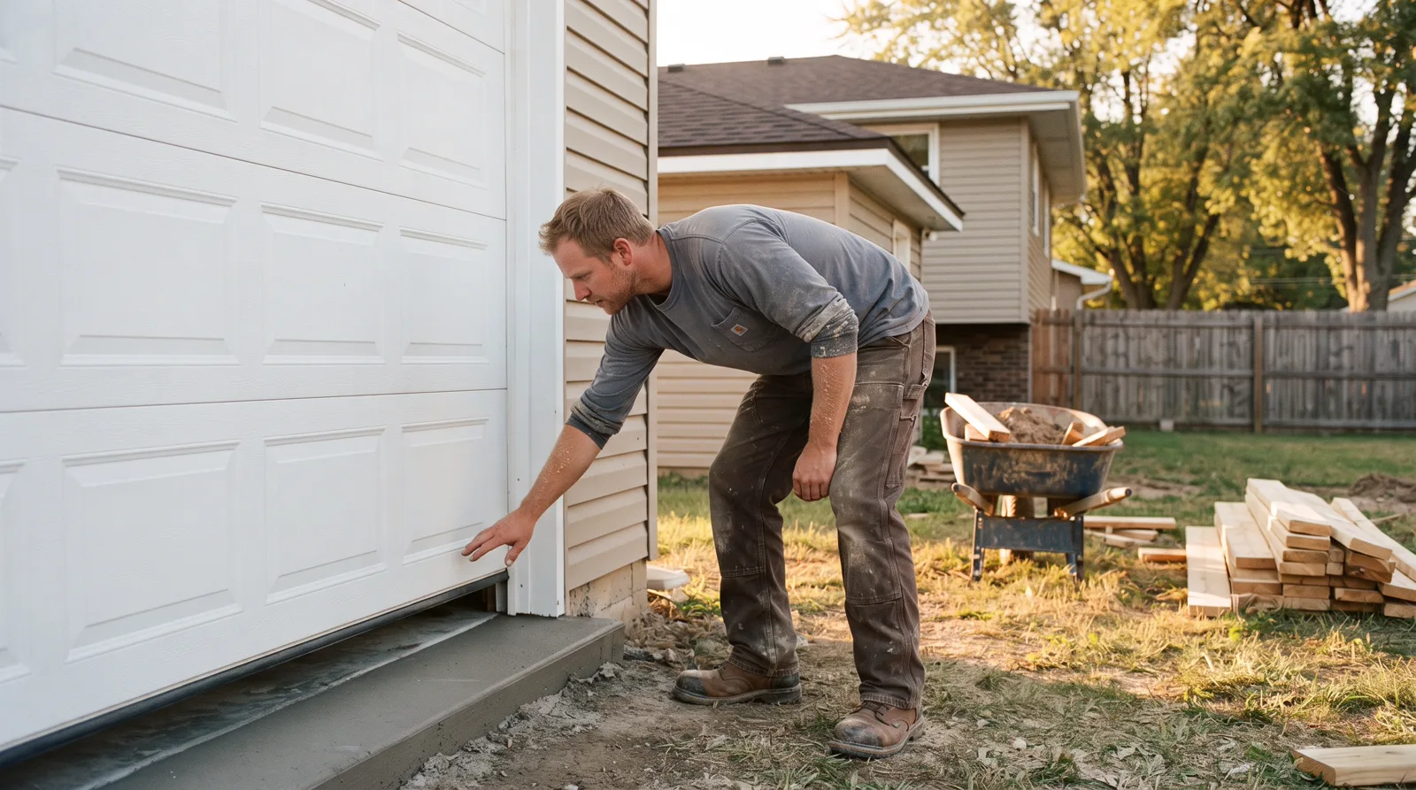 Garage builder inspecting new detached garage at sunset in Spruce Grove